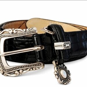 Vintage Mens Western leather belt XL Black Mock Croc Silver Buckle w Charm